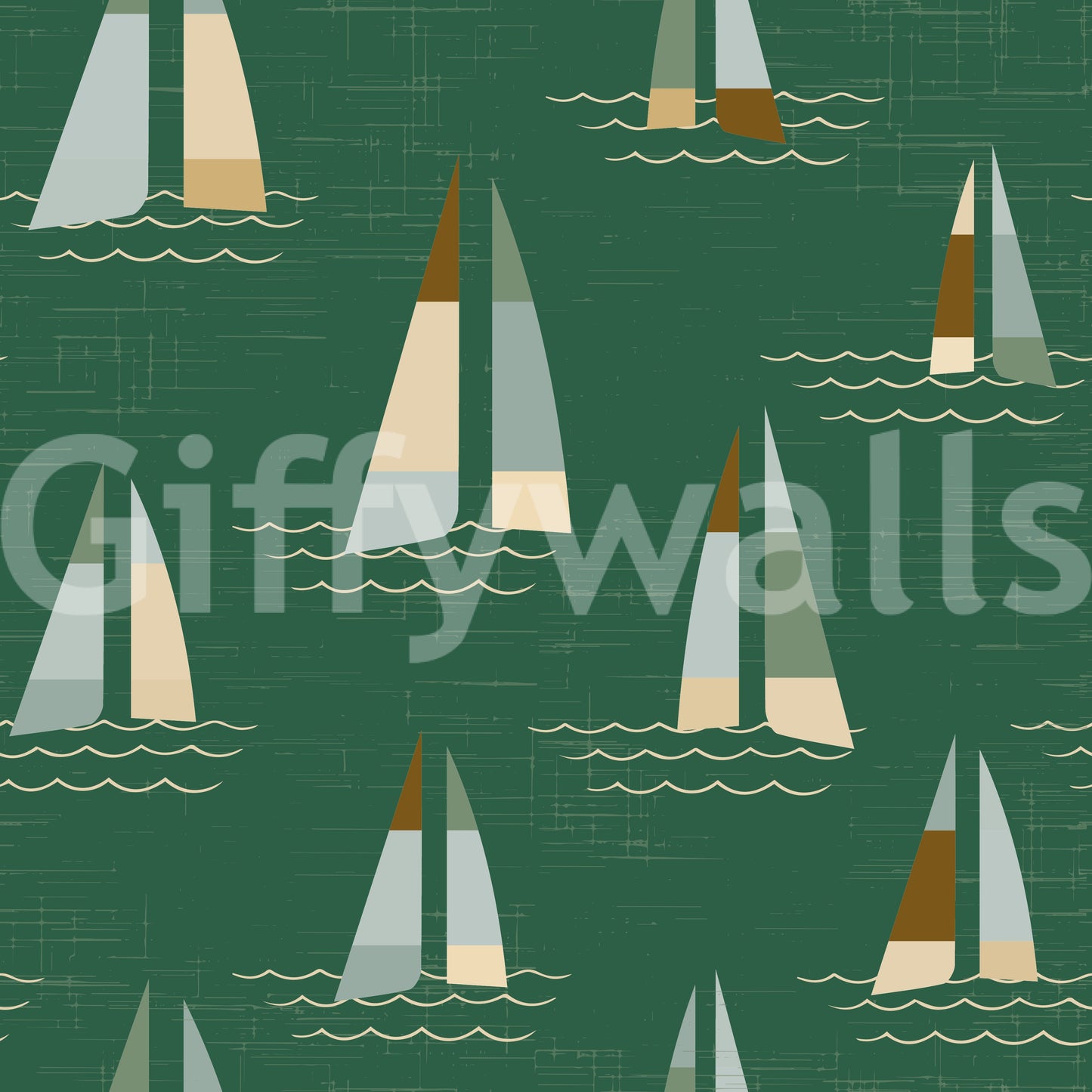 Mid century sailboat wall mural with grey and cream boats on deep green.