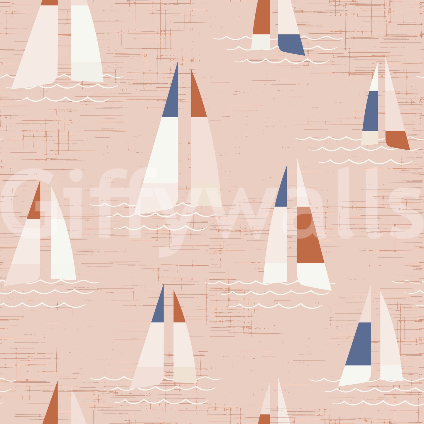 Nautical sailboat wall mural with blue and rust sail accents.