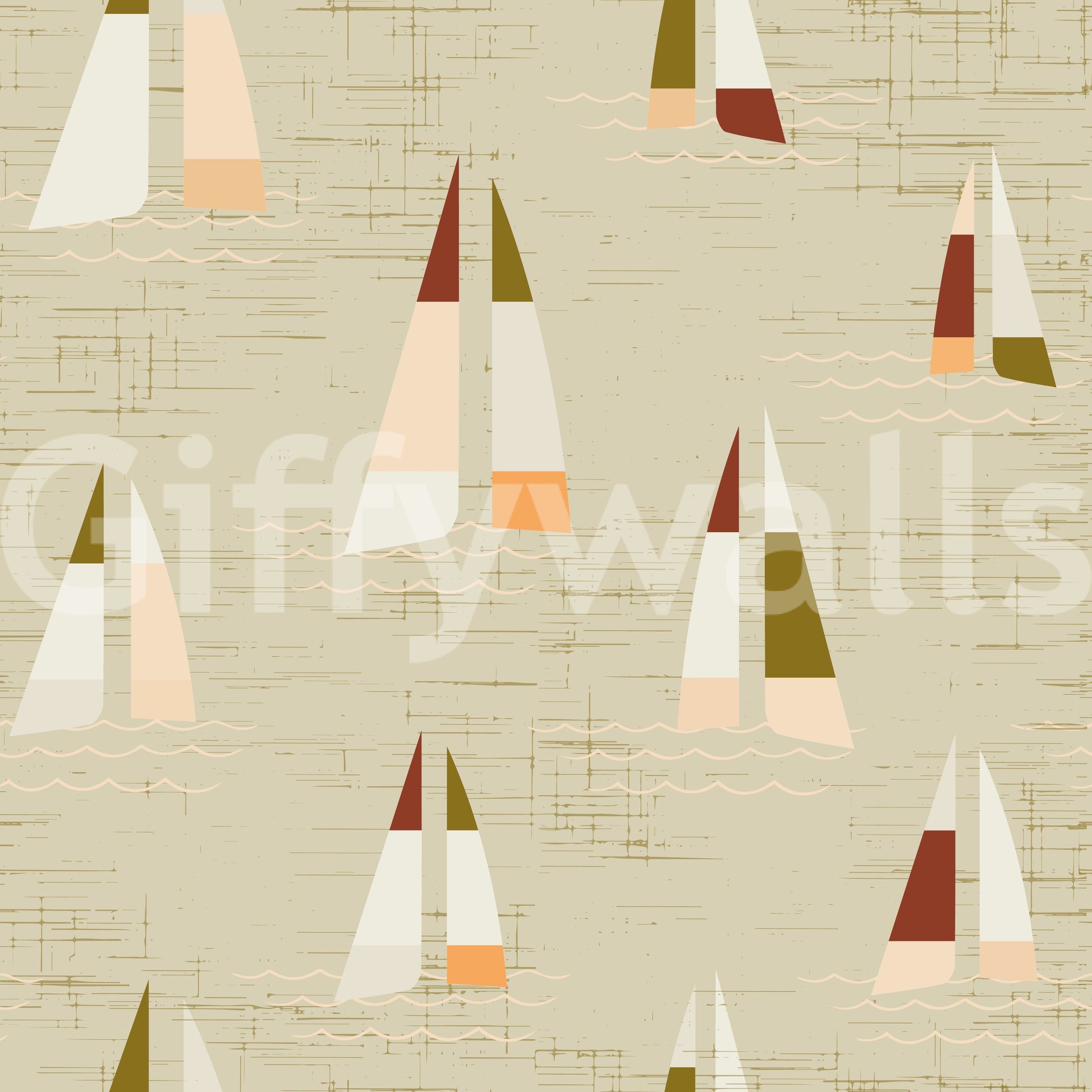 Mid century sailboat wall mural with olive and maroon boats on cream.