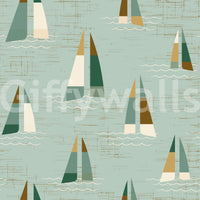 Nautical sailboat wall mural with golden brown and teal sails on sage background.