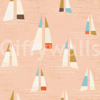 Mid century sailboat wall mural with sky blue and olive boats in peach tone.