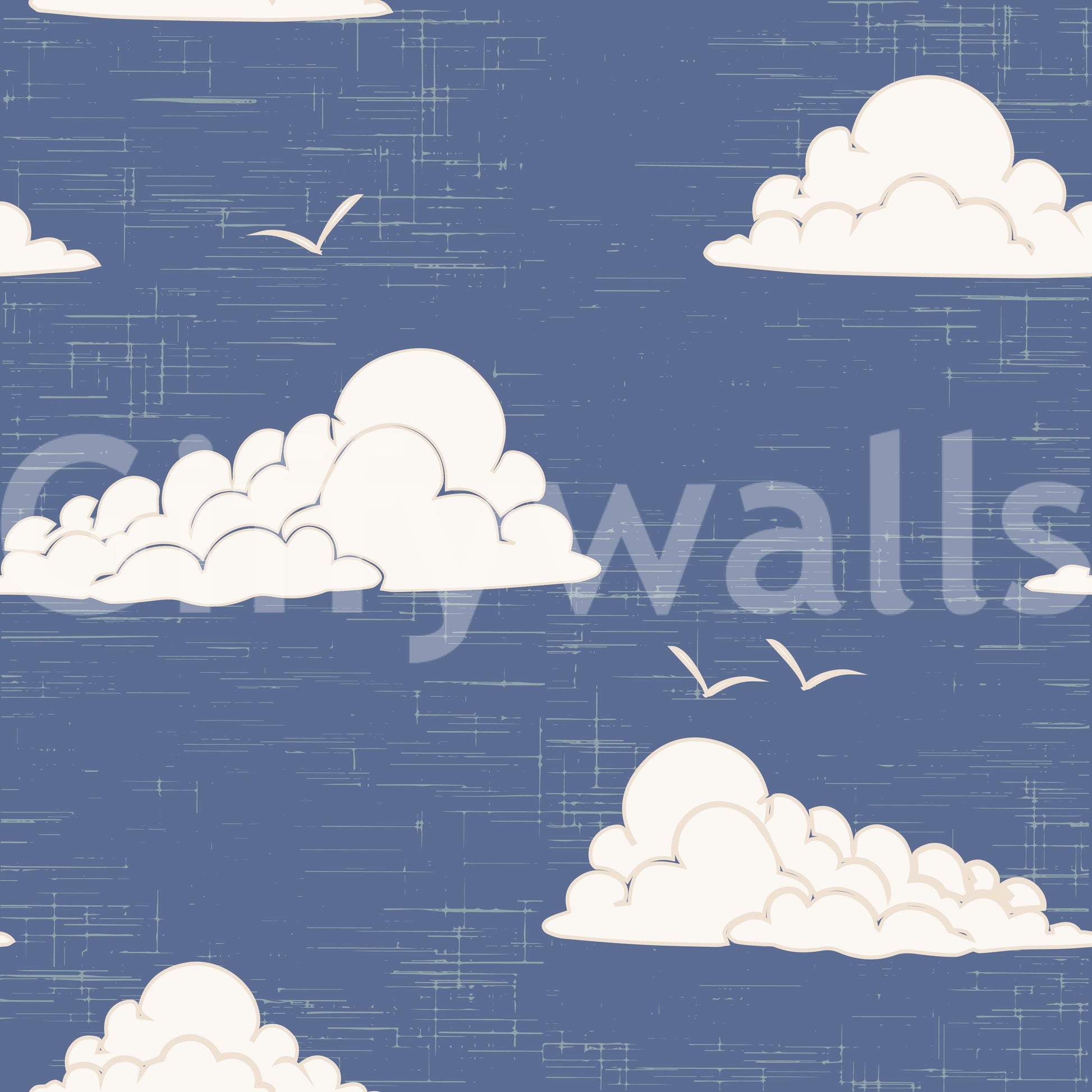 Wall mural showing dusty blue sky with white clouds and birds.