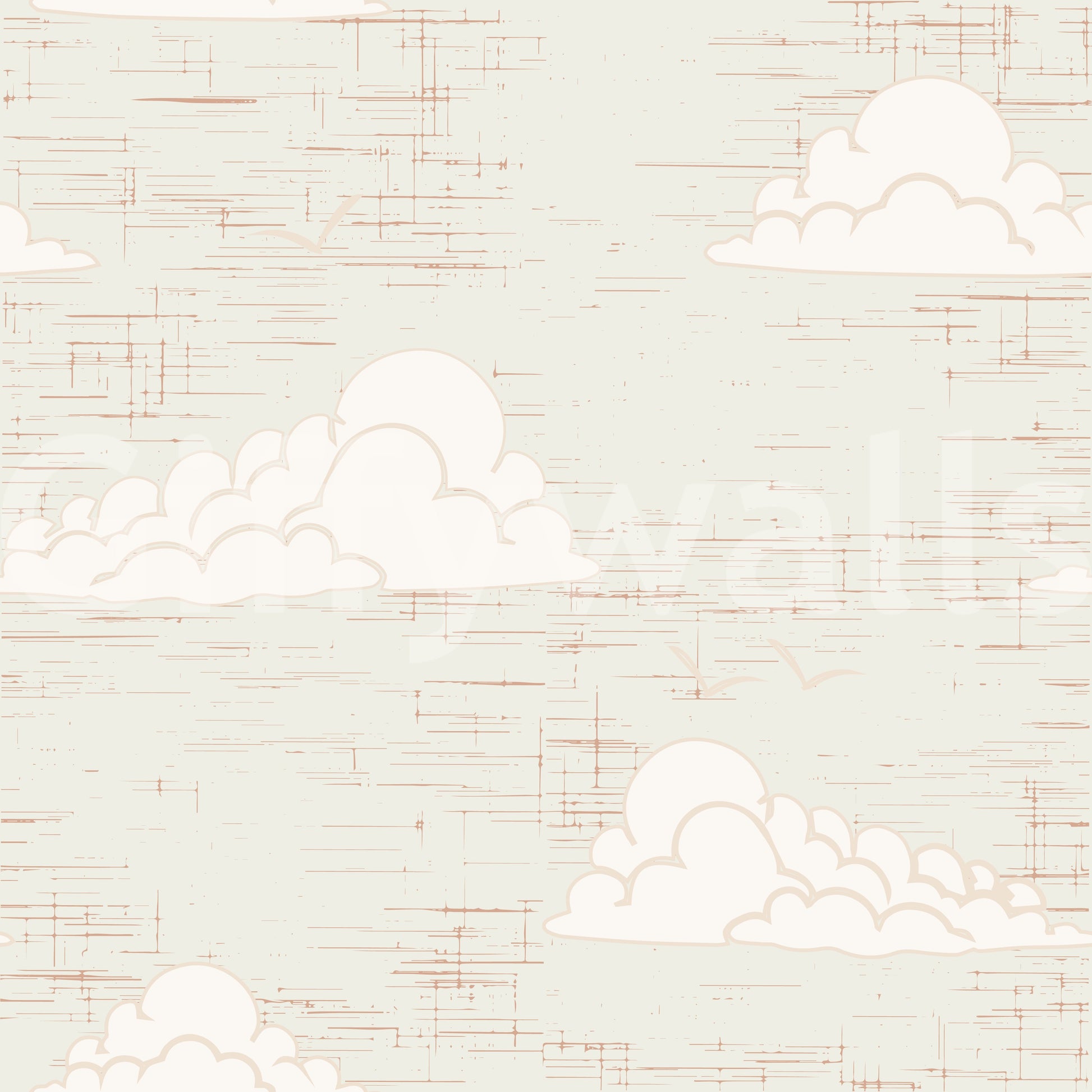 Mid century cream wall mural with white clouds and birds.