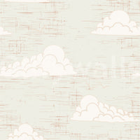 Mid century cream wall mural with white clouds and birds.
