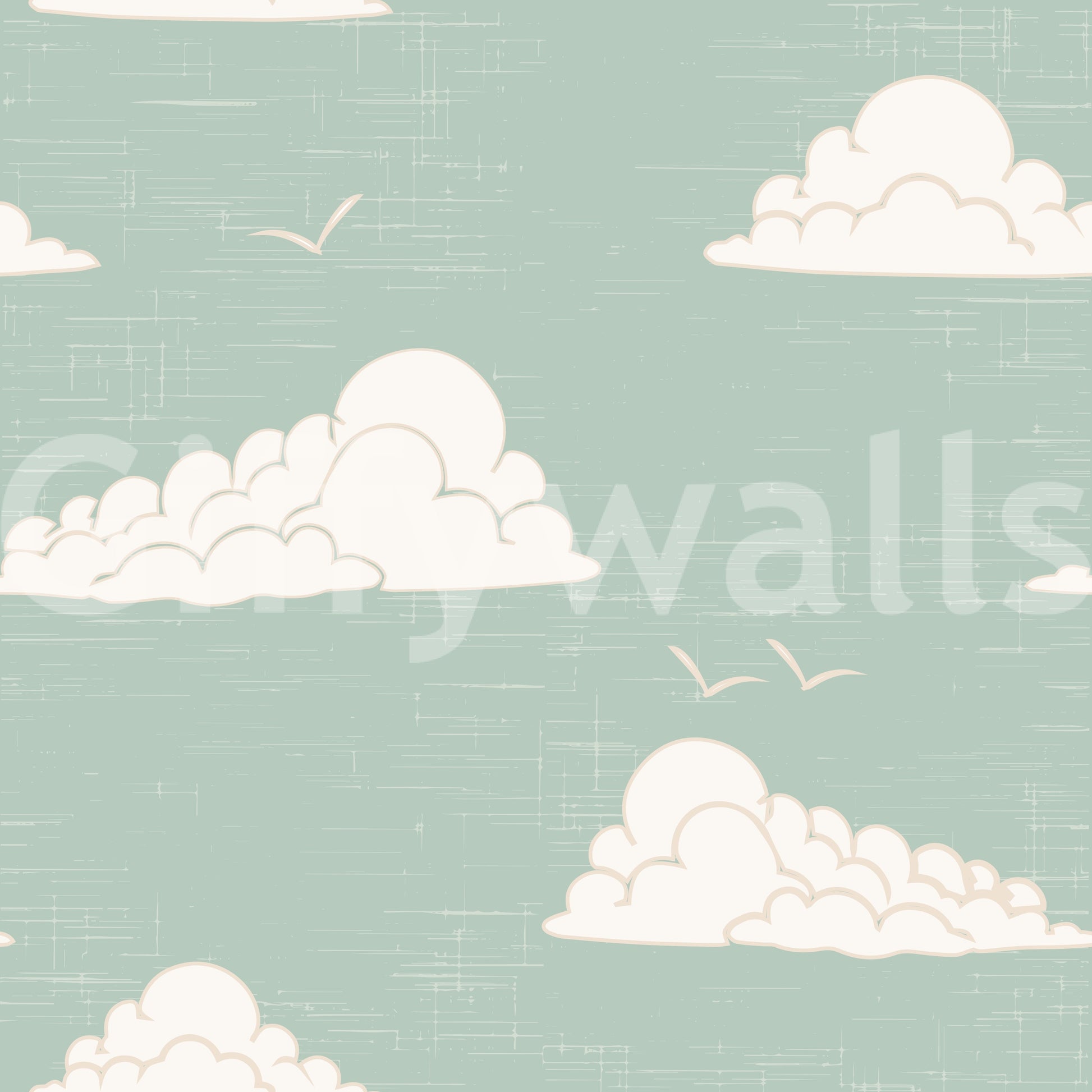 Retro white cloud formations on light sage sky wall mural.