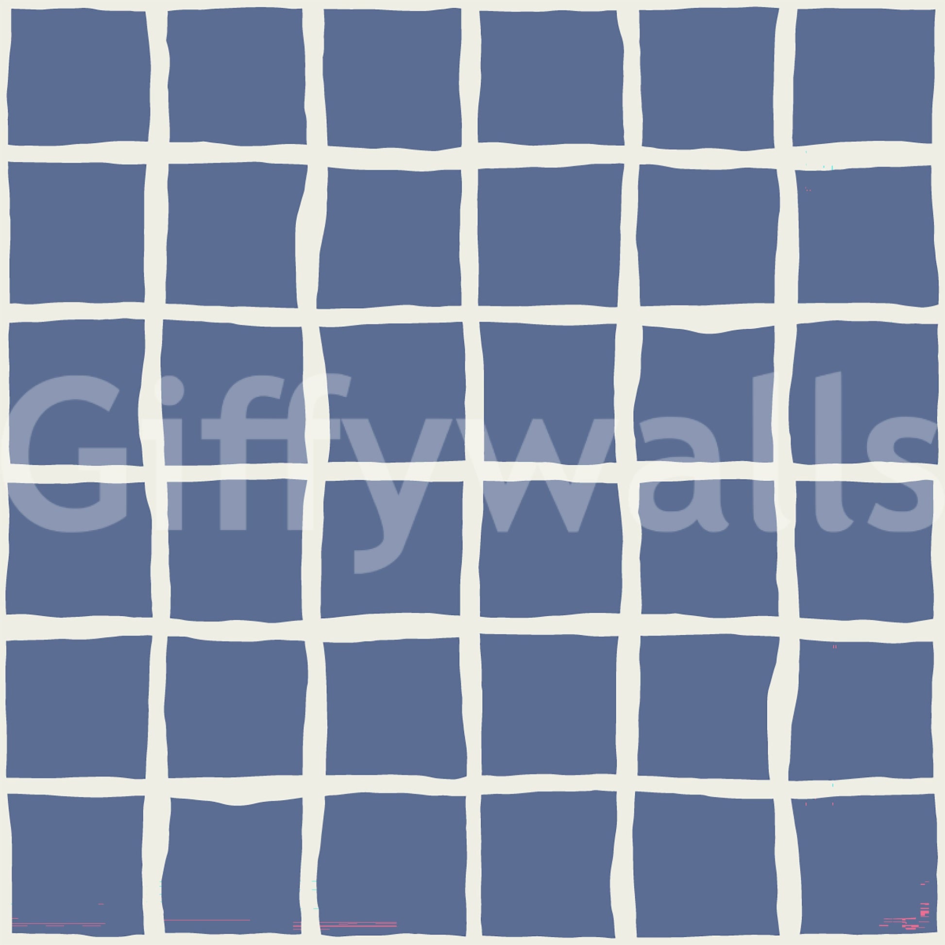 Wallpaper showing dusty blue wavy grid pattern.