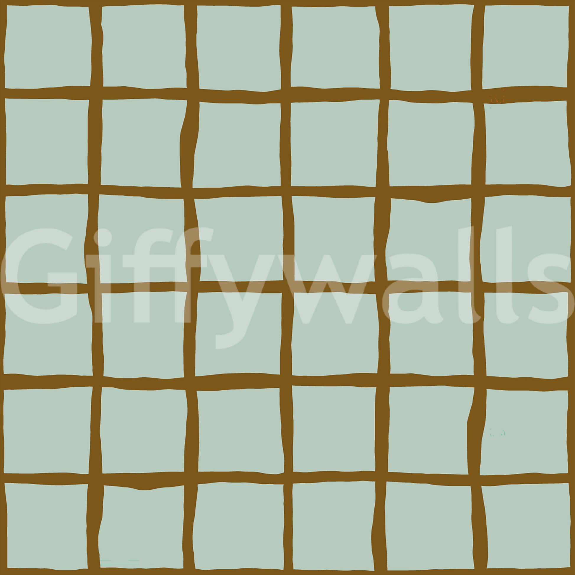 Soft sage wavy grid wallpaper with brown irregular lines.