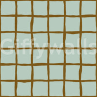 Soft sage wavy grid wallpaper with brown irregular lines.