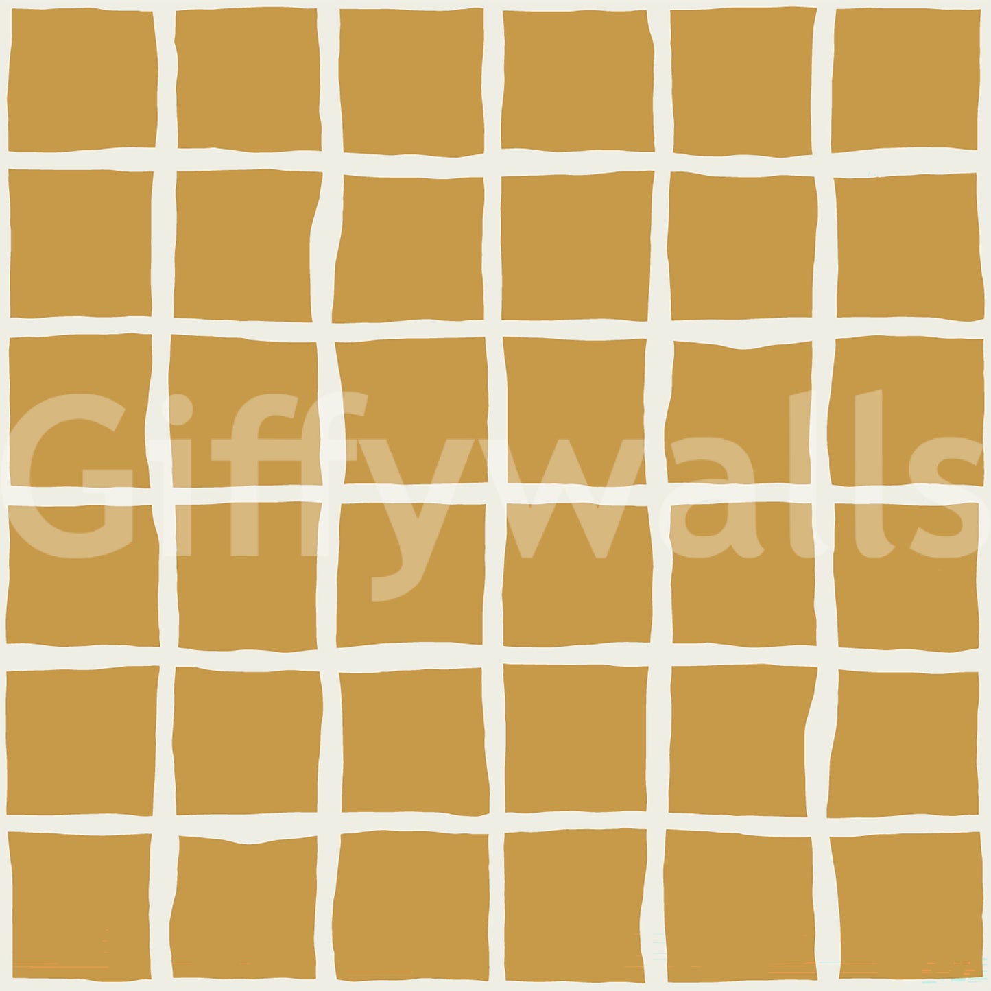 Mustard yellow wavy grid wallpaper with cream irregular lines.