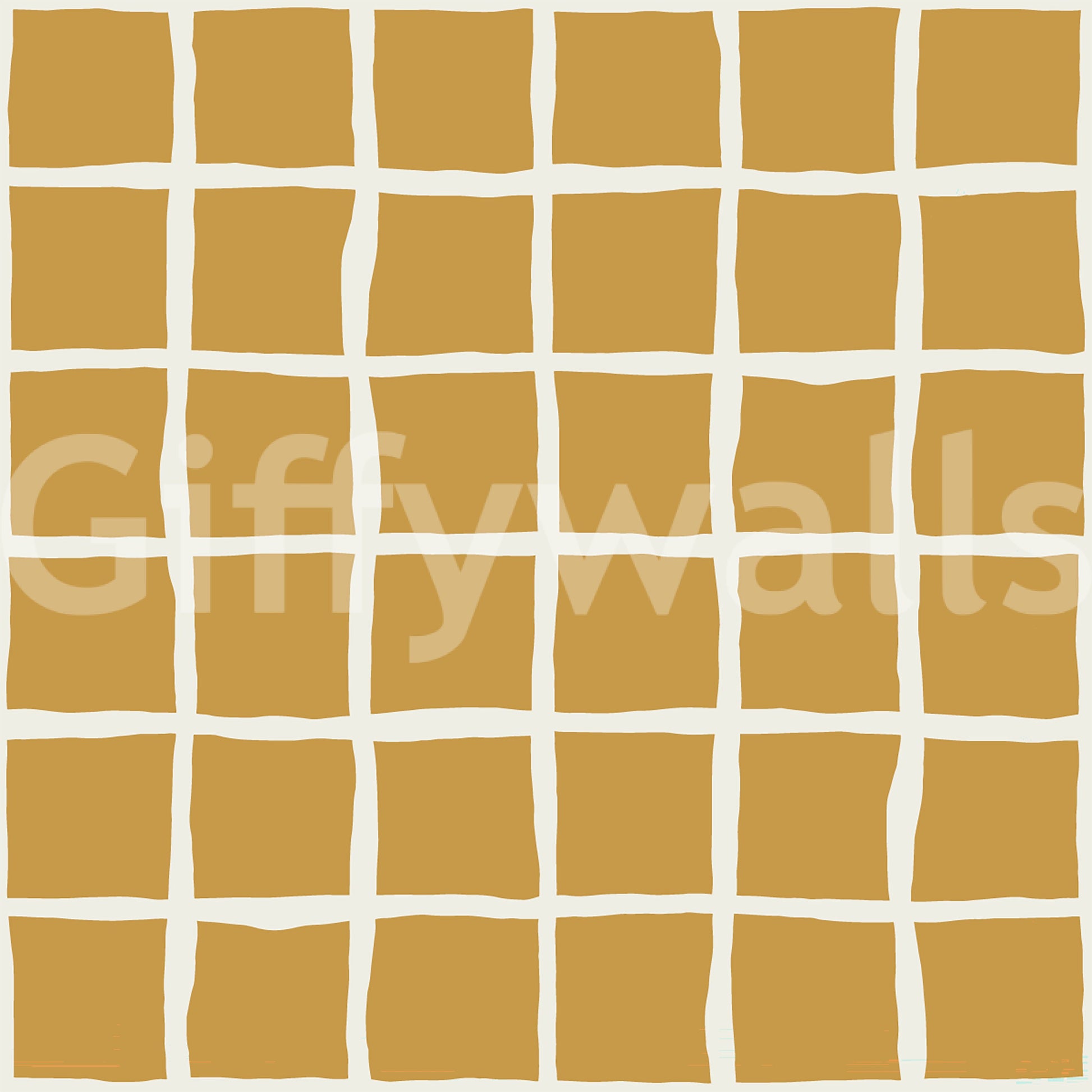Mustard yellow wavy grid wallpaper with cream irregular lines.