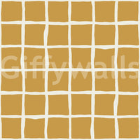 Mustard yellow wavy grid wallpaper with cream irregular lines.