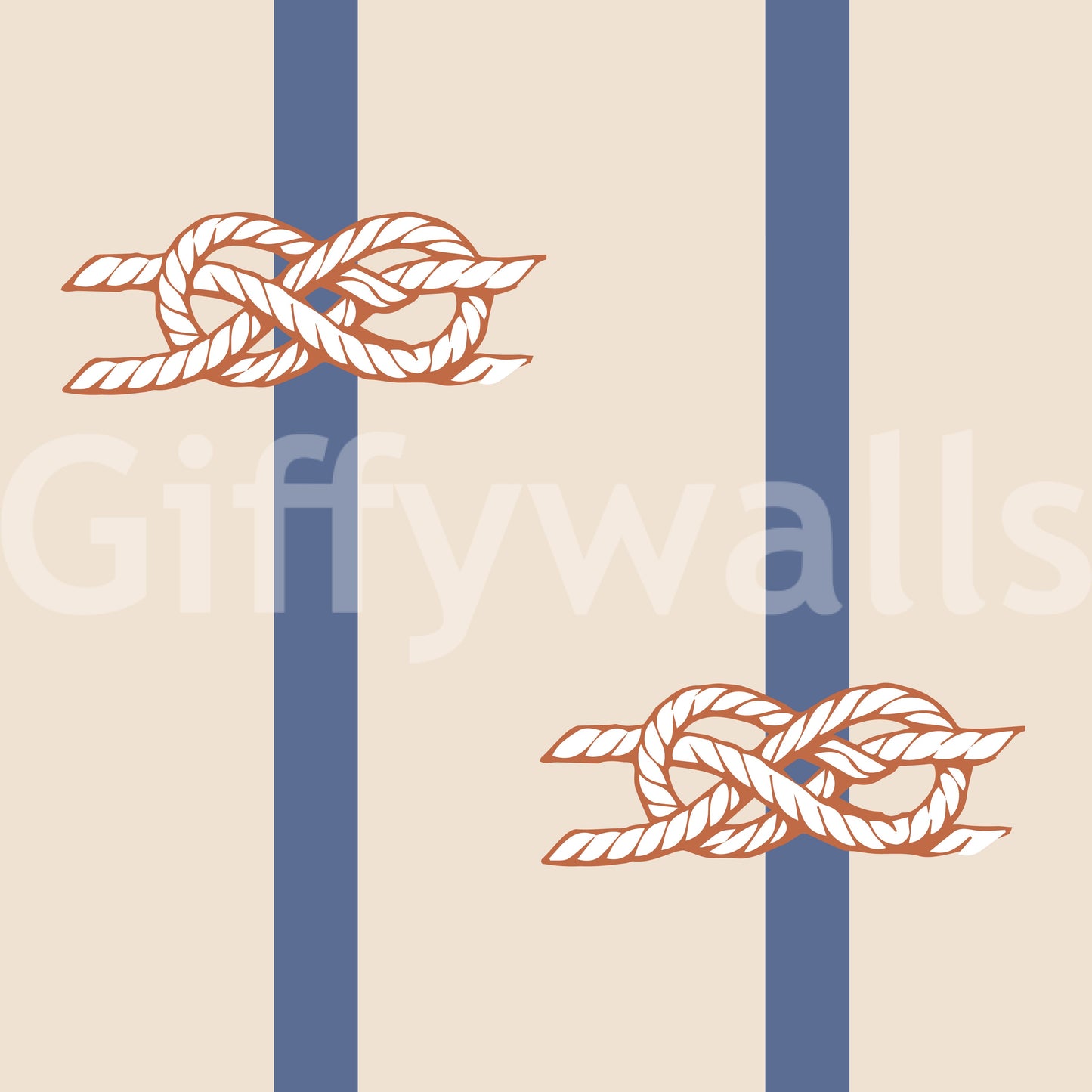 Nautical rope knot motifs on beige wallpaper with navy vertical stripes.