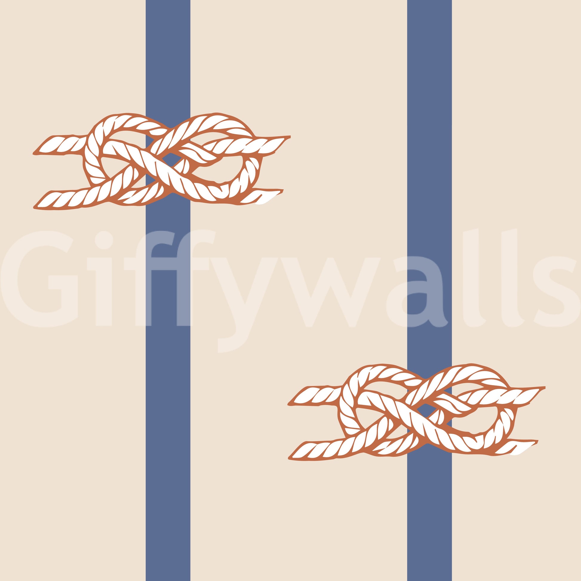Nautical rope knot motifs on beige wallpaper with navy vertical stripes.