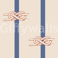 Nautical rope knot motifs on beige wallpaper with navy vertical stripes.