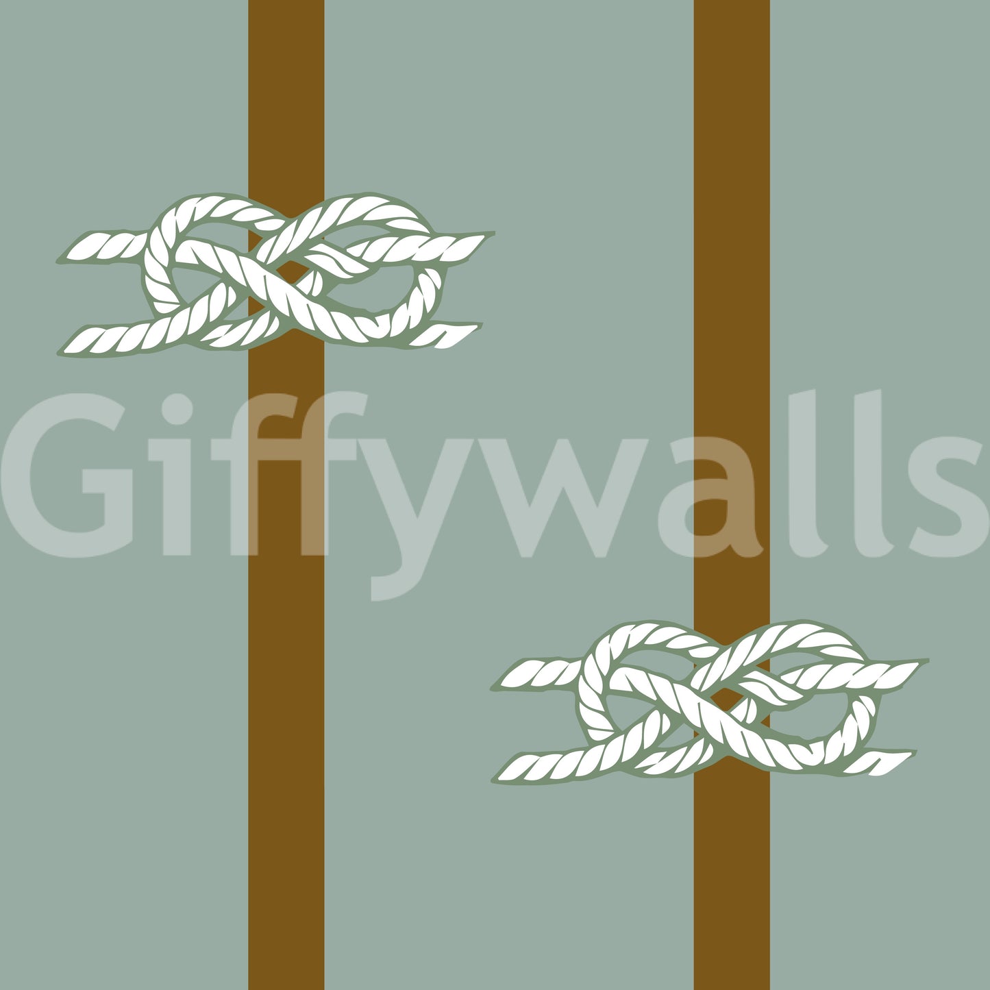 Nautical rope knot motifs on sage green wallpaper with olive vertical stripes.
