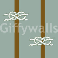 Nautical rope knot motifs on sage green wallpaper with olive vertical stripes.