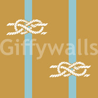 Nautical rope knot motifs on mustard wallpaper with sky blue vertical stripes.