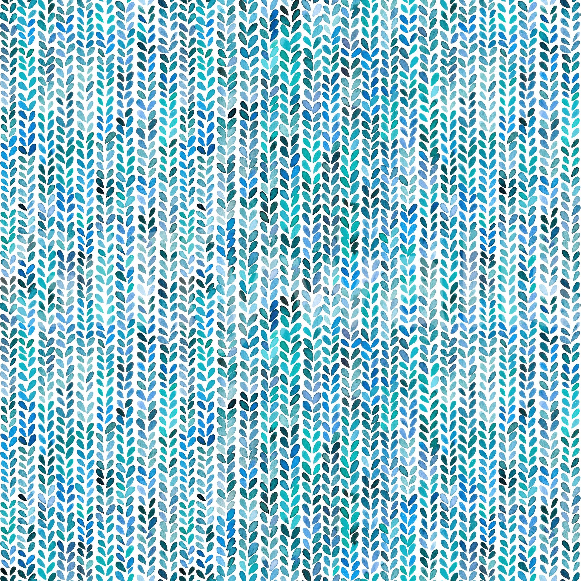 Aqua and blue watercolour knit cascade wallpaper with vertical leaf columns.