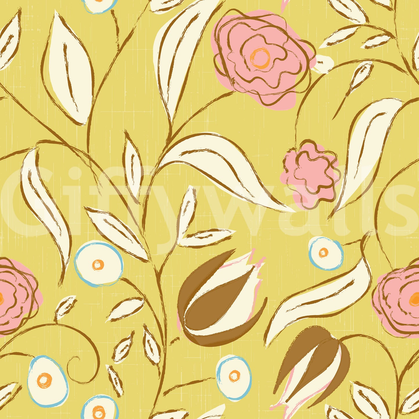 Butter Yellow Chintz Floral Wallpaper Vintage Botanical Wallpaper⁠