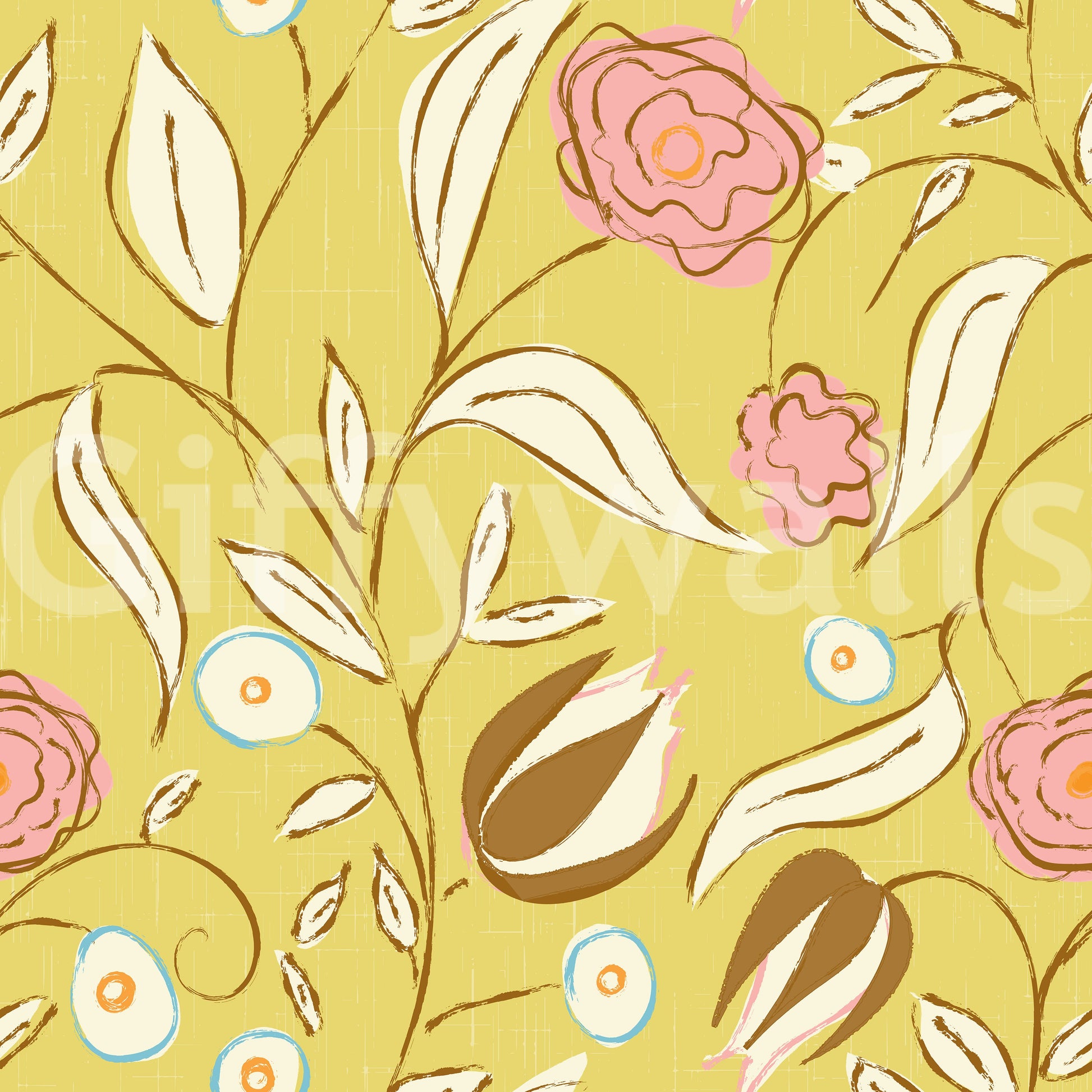 Butter Yellow Chintz Floral Wallpaper Vintage Botanical Wallpaper⁠