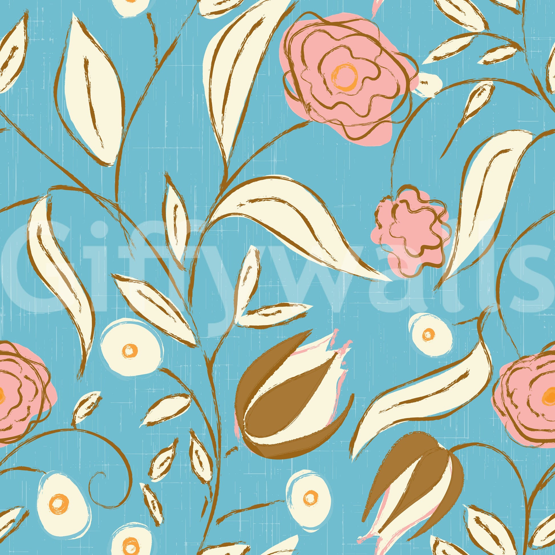 Sky Blue Chintz Floral Wallpaper Vintage Botanical Wallpaper⁠