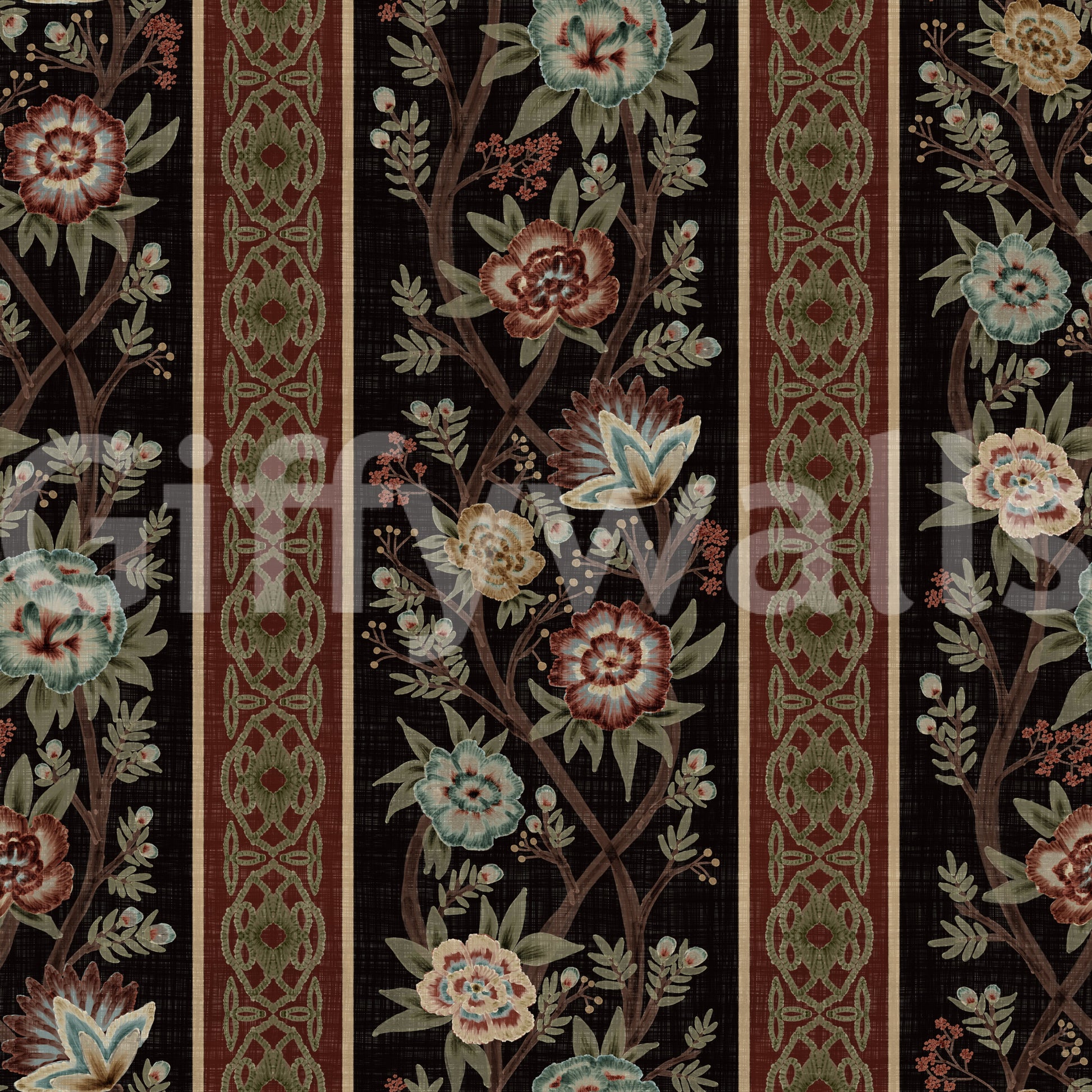 Trailing Chintz Vintage Heirloom Stripes Dark Wallpaper⁠