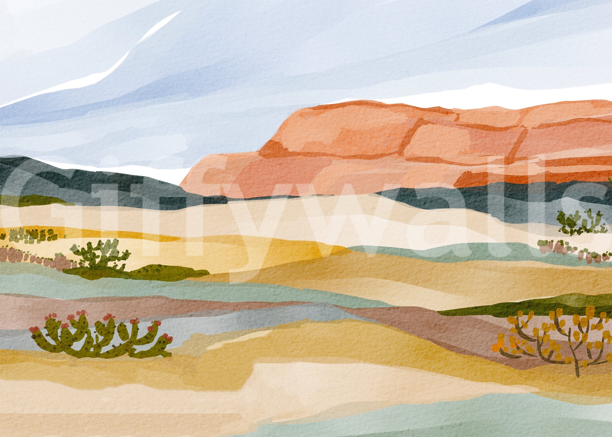 Watercolor Terracotta Desert Landscape Wallpaper Wall Mural