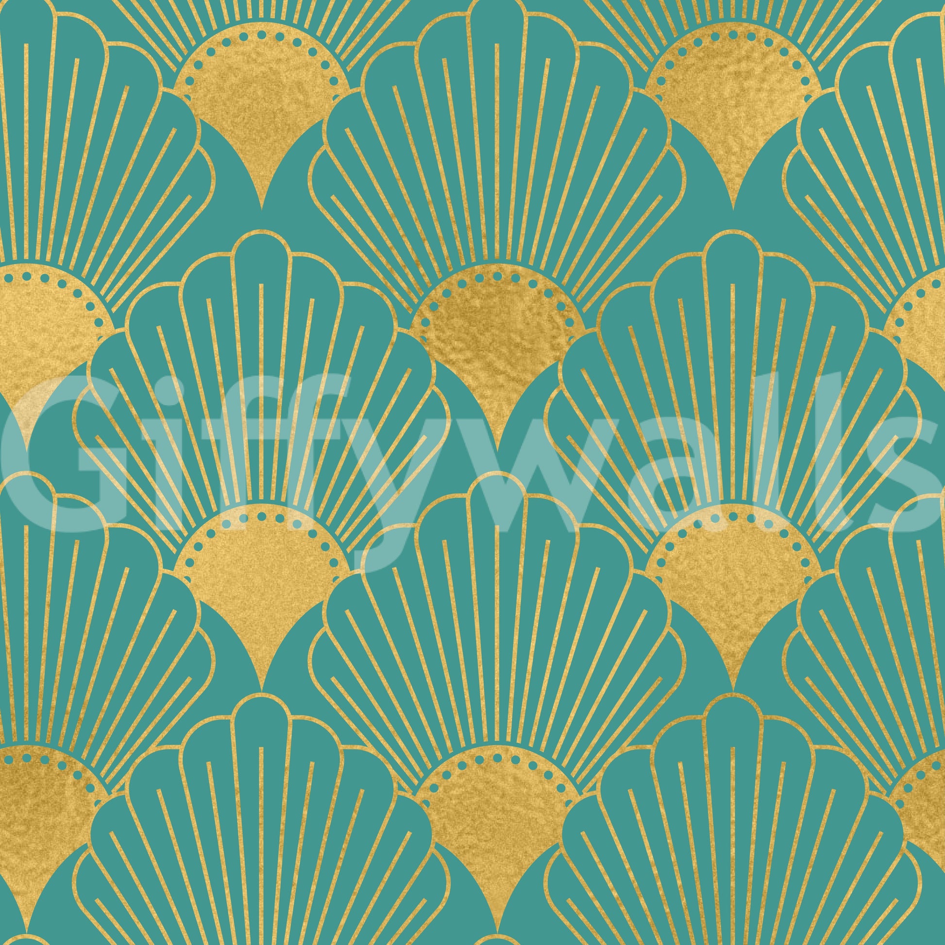 Glamorous Teal and Gold Fan Wall Décor Wallpaper⁠