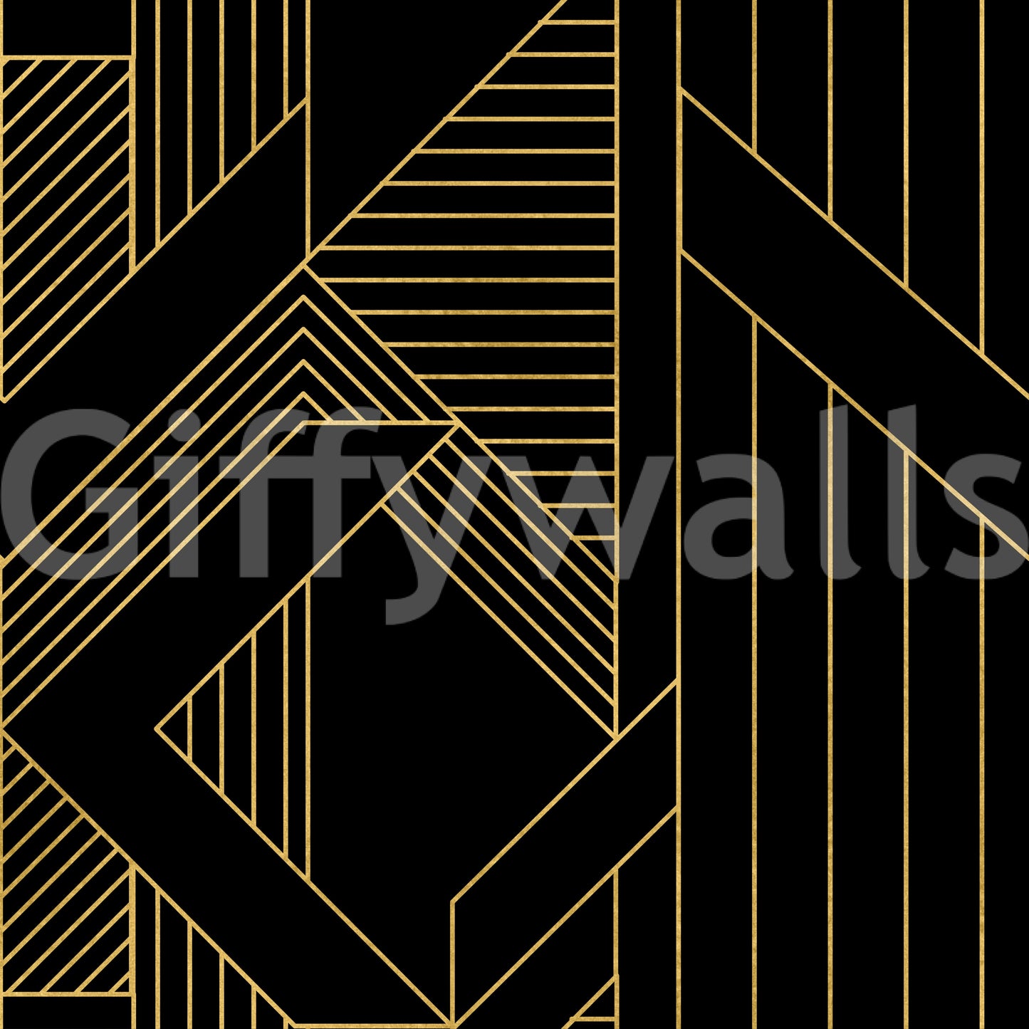 Black and gold geometric wallpaper with linear diamond and chevron motifs., GD10635