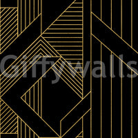 Black and gold geometric wallpaper with linear diamond and chevron motifs., GD10635