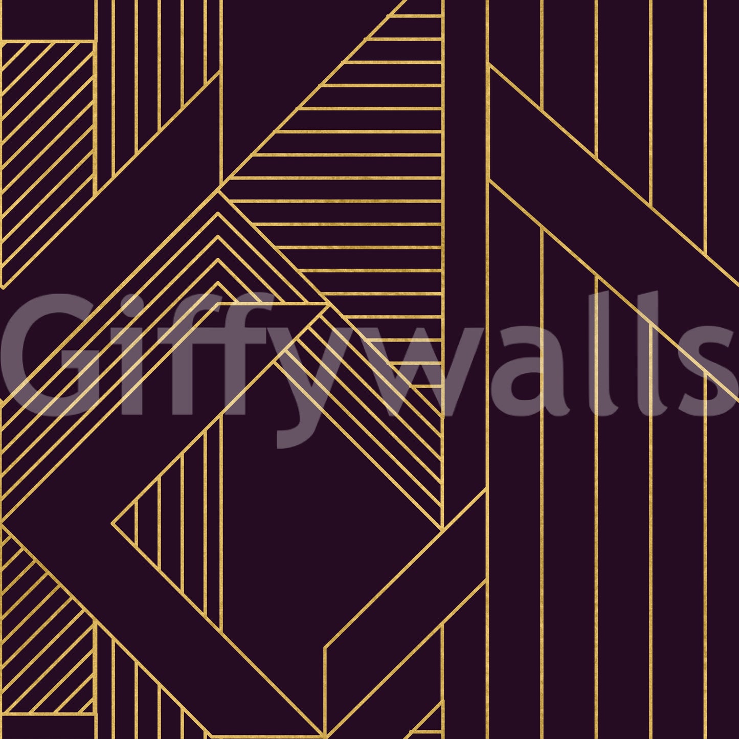 Gold linear pattern wallpaper in deep aubergine background with stripe sections., GD10638