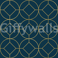 Art Deco navy and gold geometric wallpaper with circle and diamond pattern., GD10643