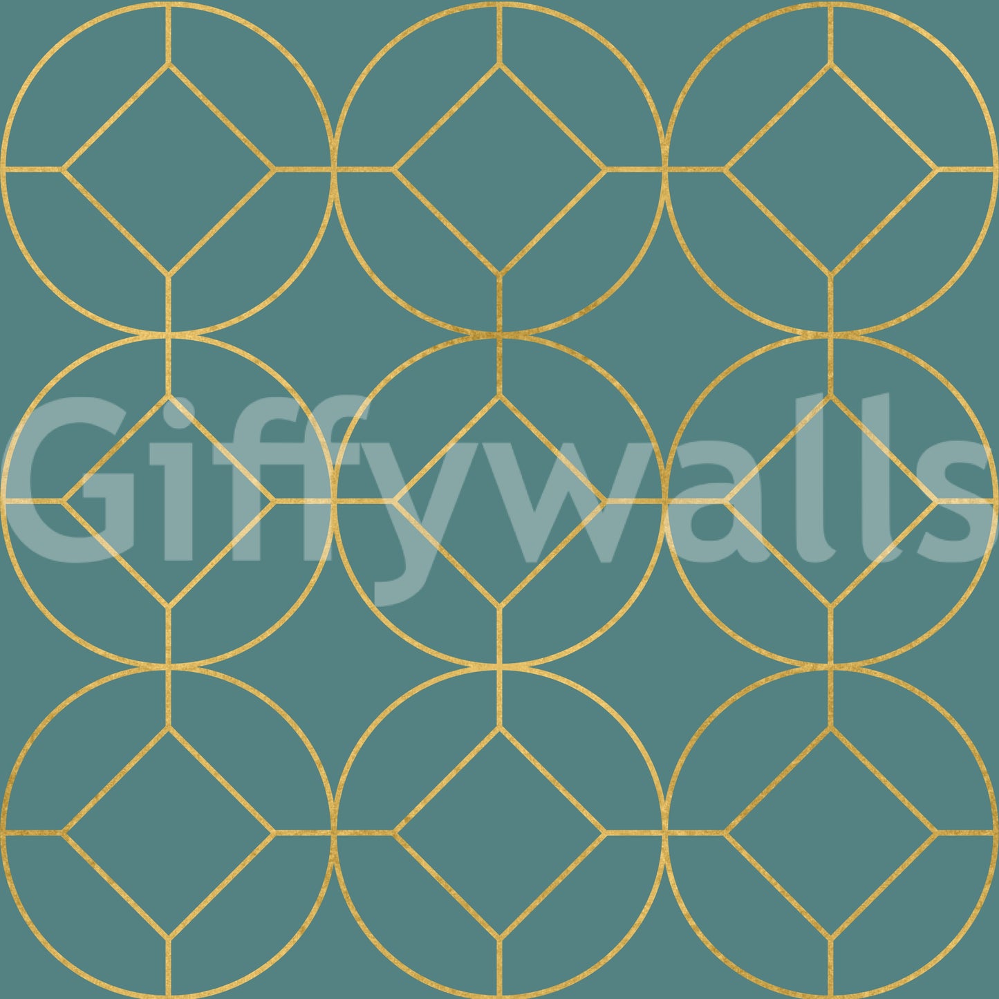 Teal and gold Art Deco geometric wallpaper with circle and diamond pattern., GD10644
