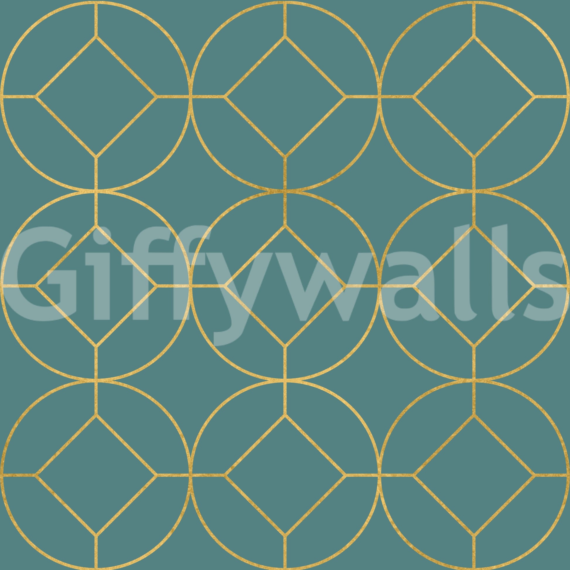 Teal and gold Art Deco geometric wallpaper with circle and diamond pattern., GD10644