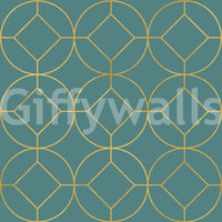 Teal and gold Art Deco geometric wallpaper with circle and diamond pattern., GD10644