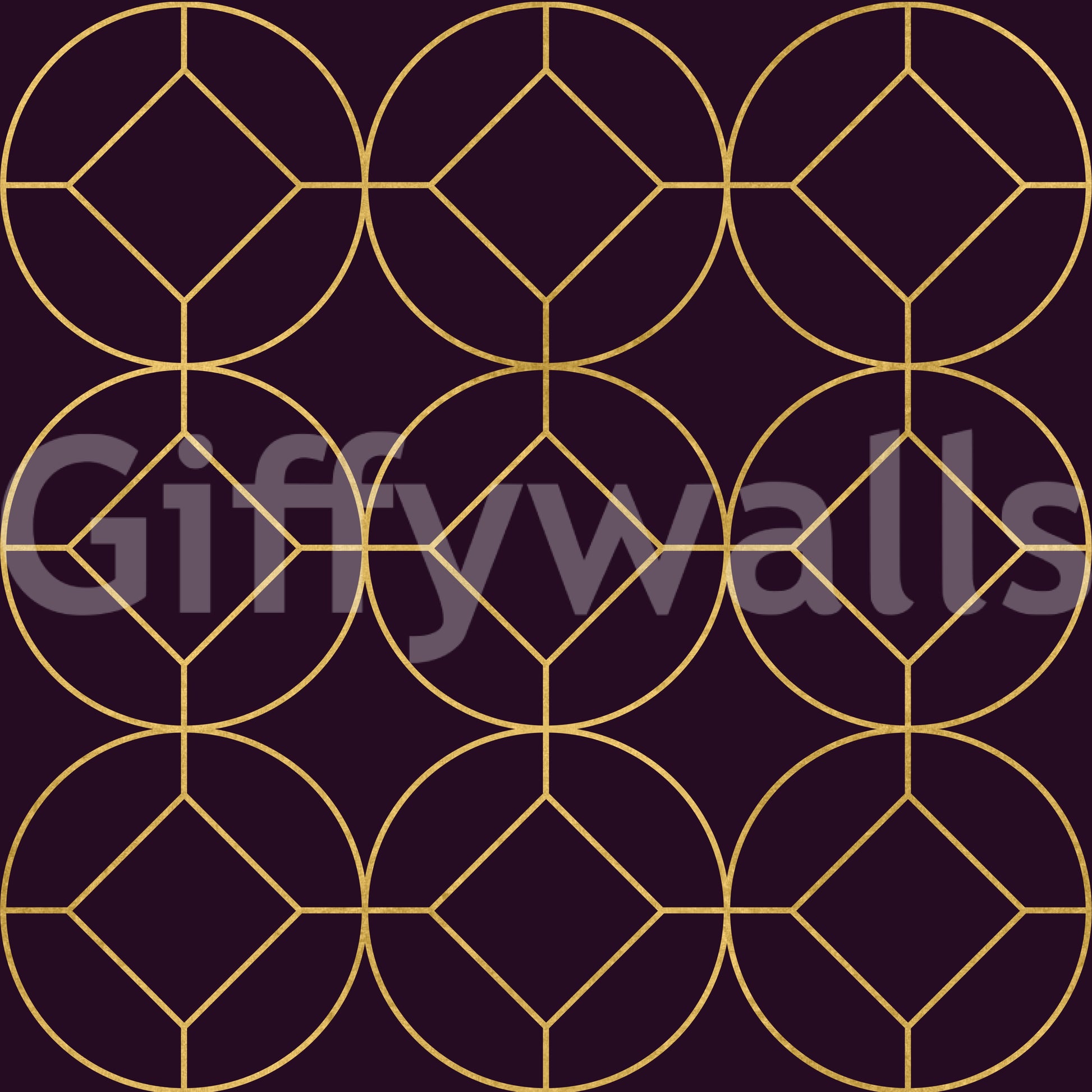 Plum wallpaper with gold circular medallions and inset diamond shapes., GD10645