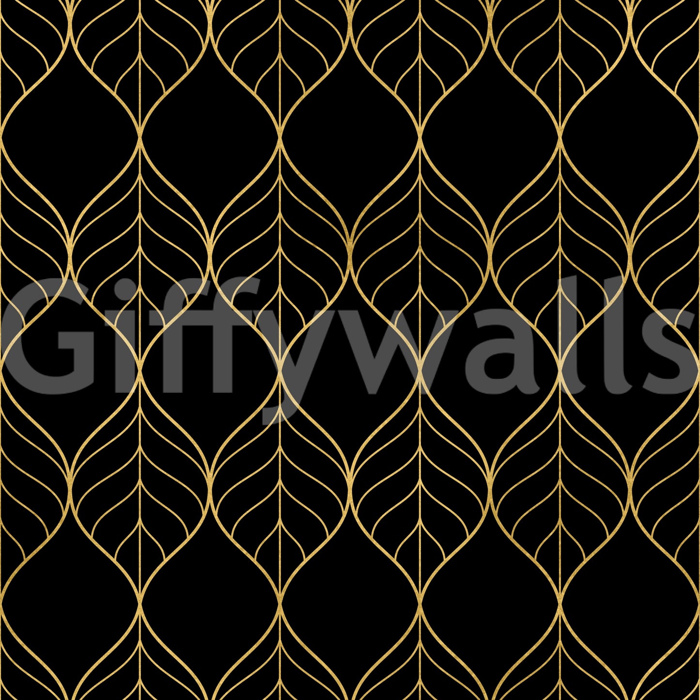 Gold and black leaf wallpaper with elongated ogee shapes in metallic gold., GD10647