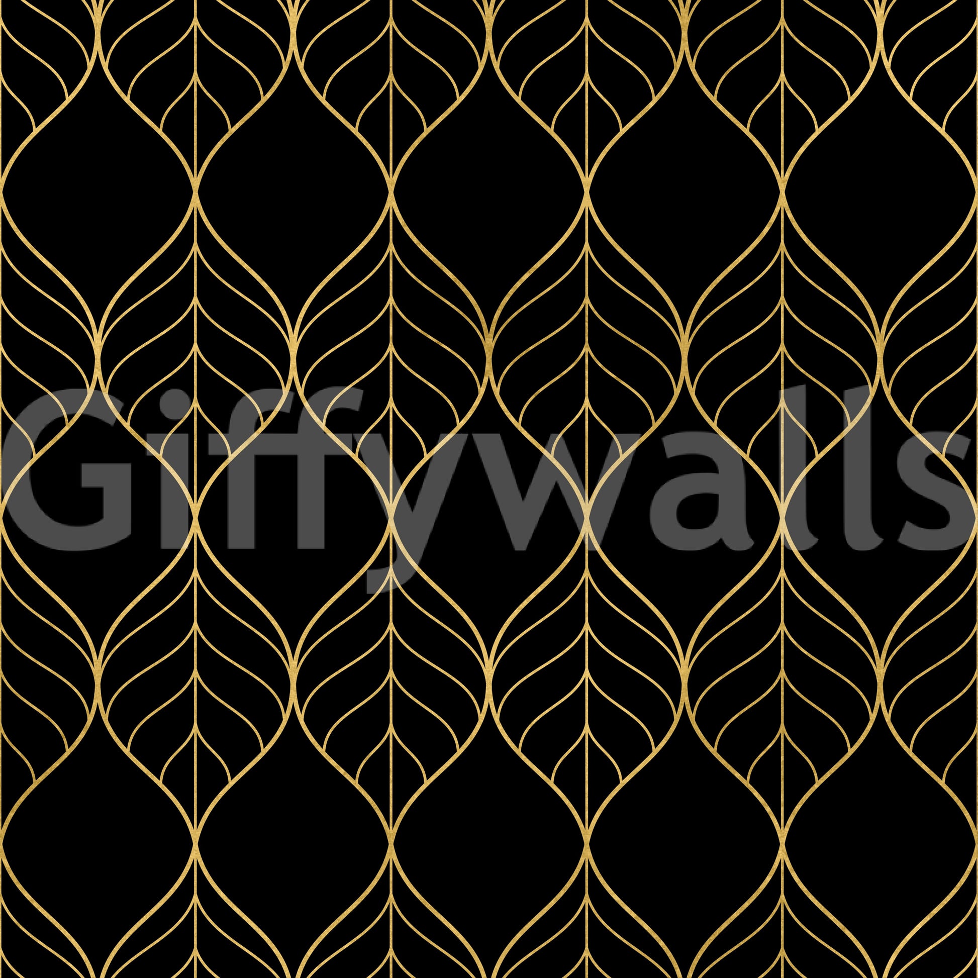 Gold and black leaf wallpaper with elongated ogee shapes in metallic gold., GD10647