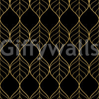 Gold and black leaf wallpaper with elongated ogee shapes in metallic gold., GD10647