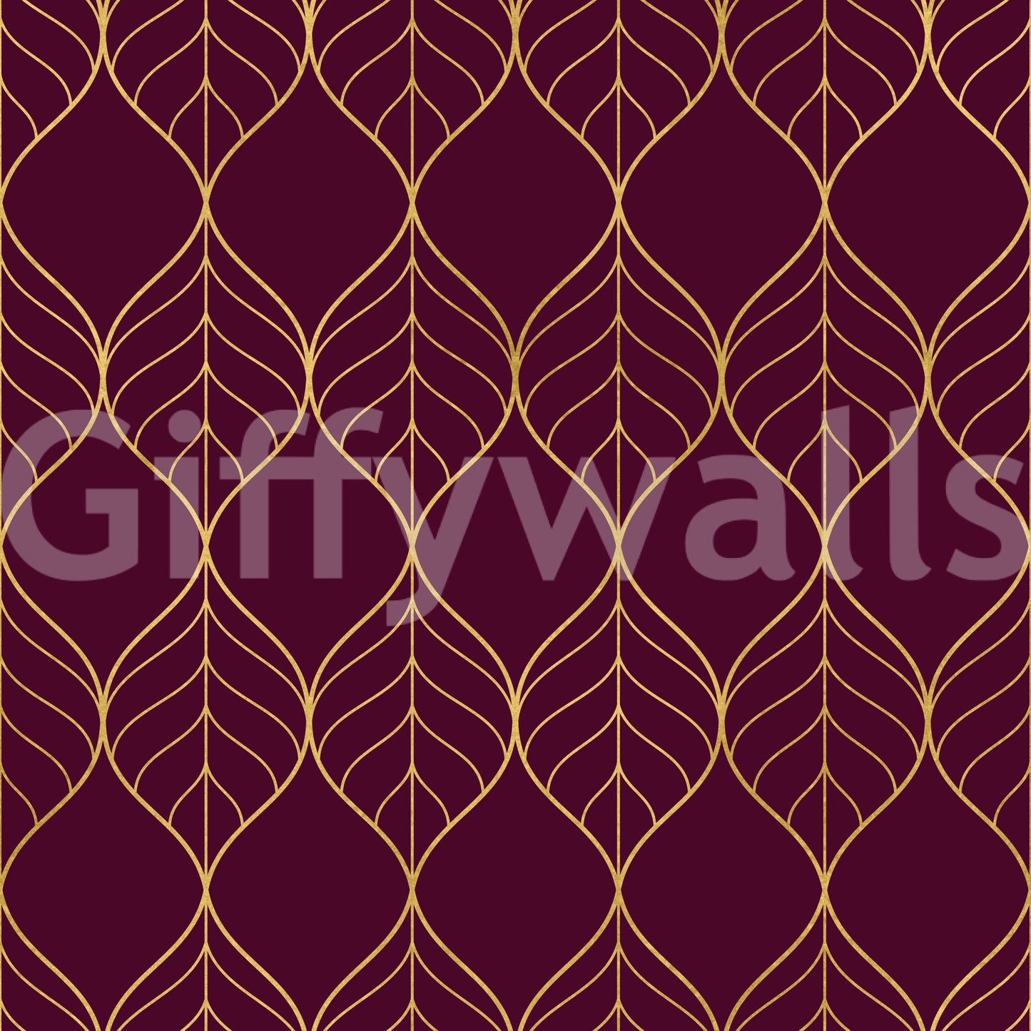 Burgundy and gold leaf wallpaper with elongated ogee shapes in gold outlines., GD10648