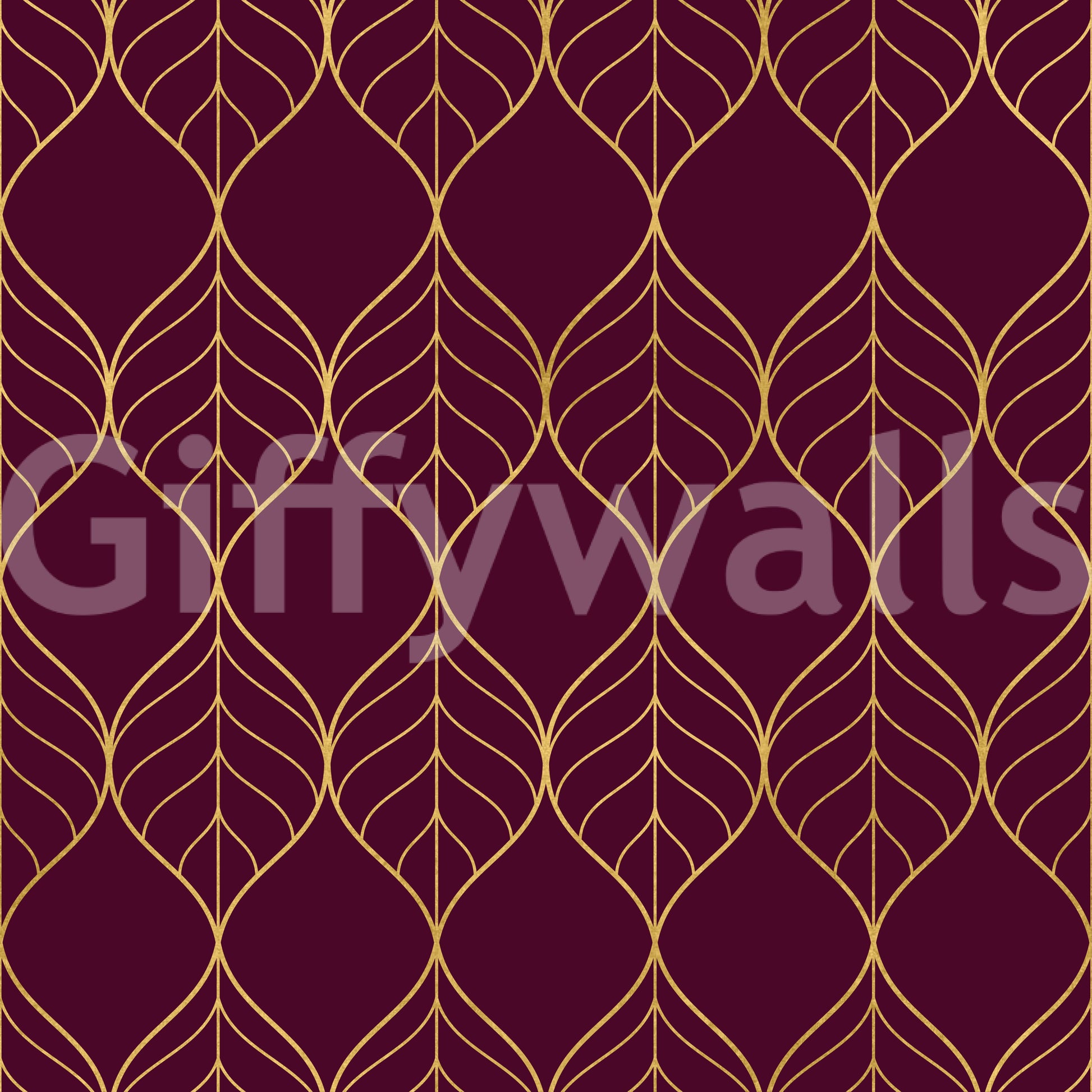 Burgundy and gold leaf wallpaper with elongated ogee shapes in gold outlines., GD10648