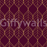 Burgundy and gold leaf wallpaper with elongated ogee shapes in gold outlines., GD10648