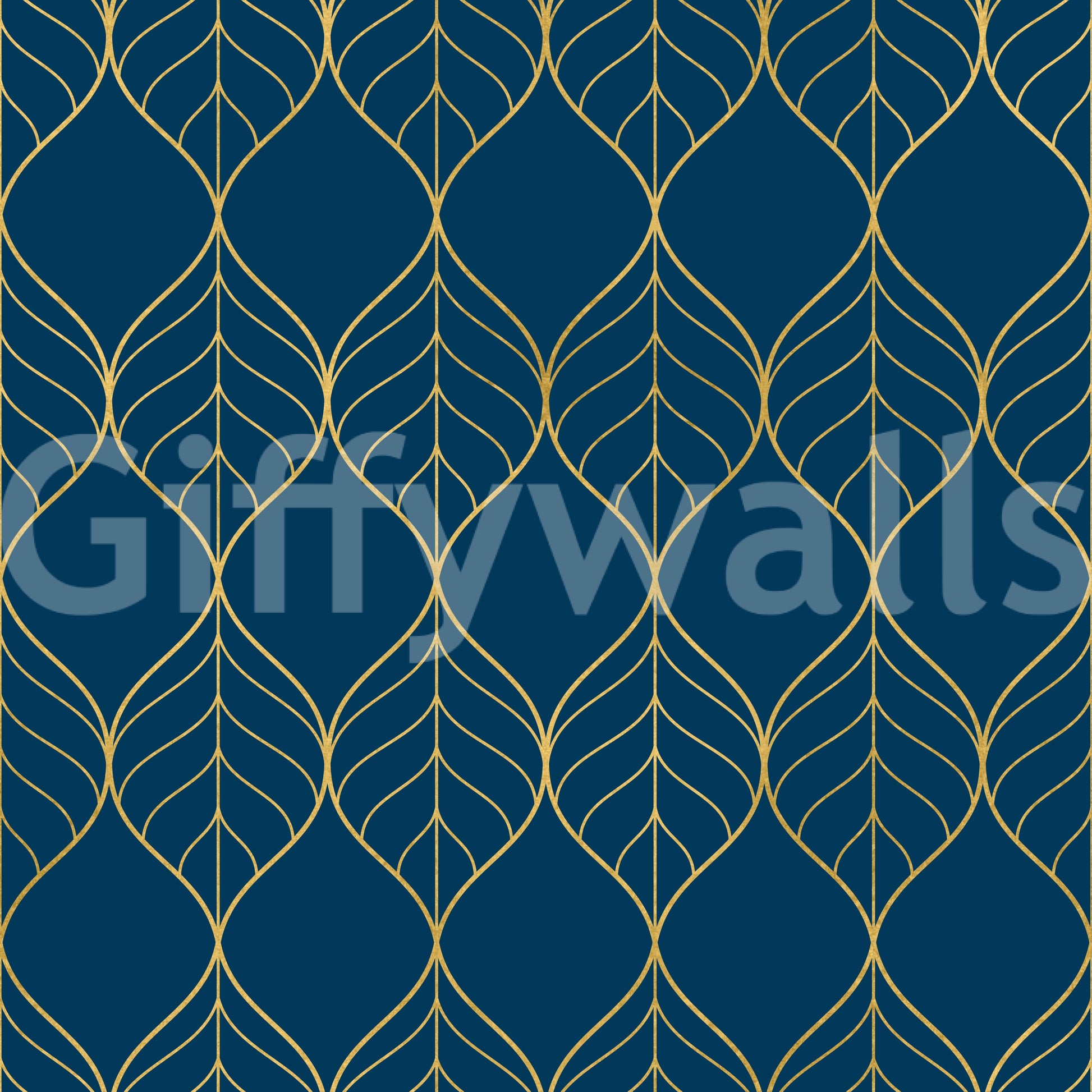 Repeating gold ogee leaf pattern on a deep navy blue wallpaper., GD10649
