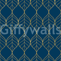Repeating gold ogee leaf pattern on a deep navy blue wallpaper., GD10649