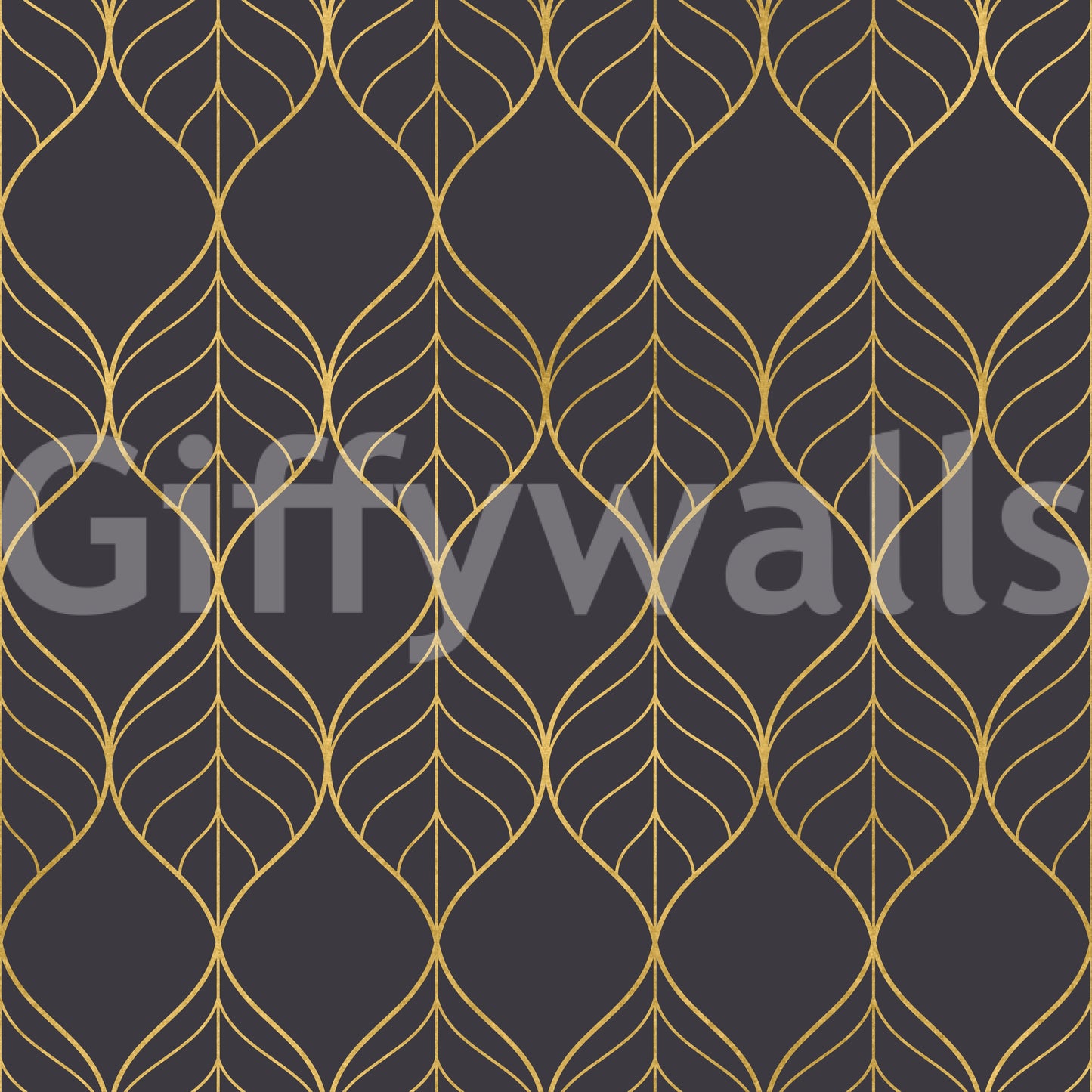 Golden leaf wallpaper with elongated ogee shapes in metallic gold on charcoal., GD10650