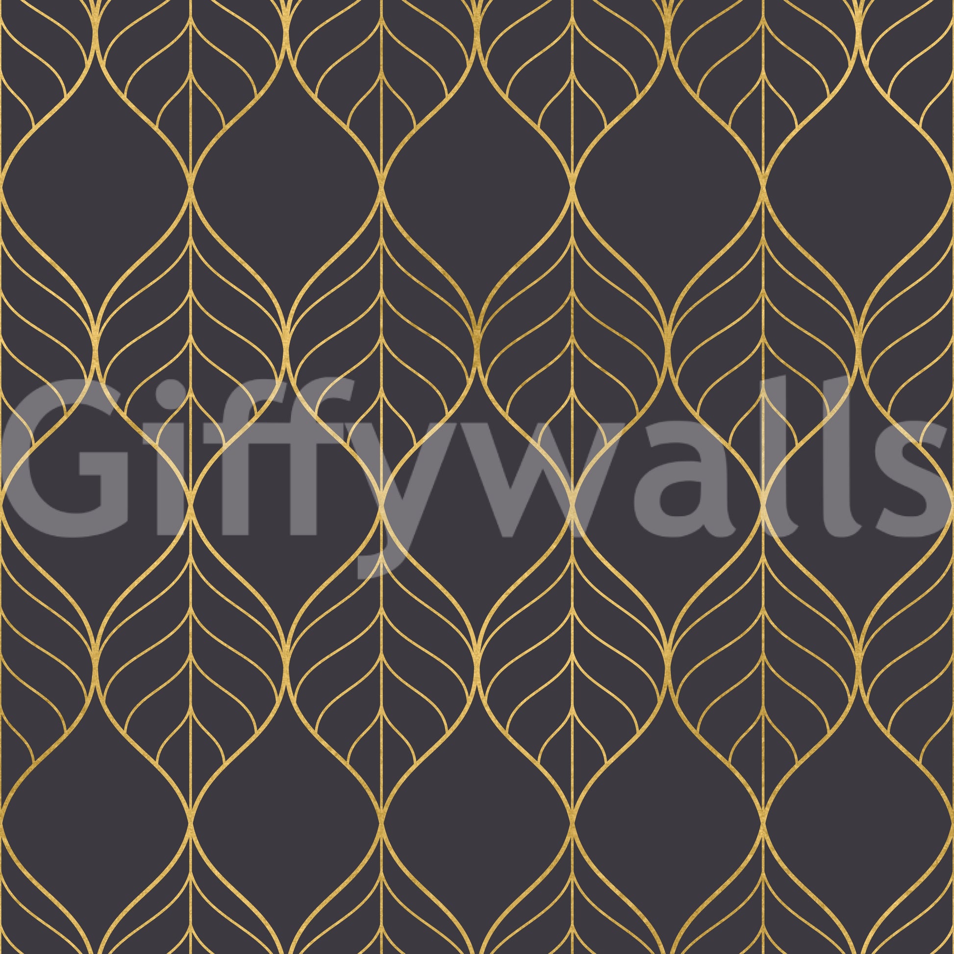 Golden leaf wallpaper with elongated ogee shapes in metallic gold on charcoal., GD10650