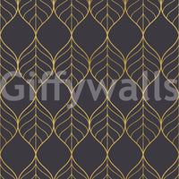 Golden leaf wallpaper with elongated ogee shapes in metallic gold on charcoal., GD10650