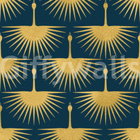 Golden crane wallpaper with stylised birds and spread wings on dark turquoise., GD10651