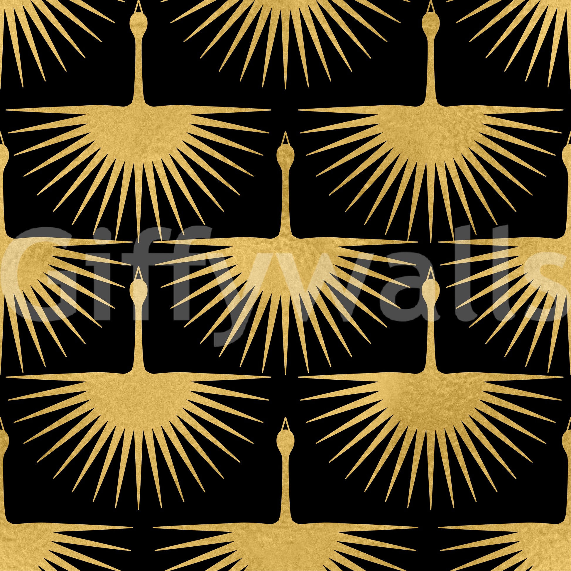 Repeating gold crane pattern with radiating feather rays on black wallpaper, GD10652
