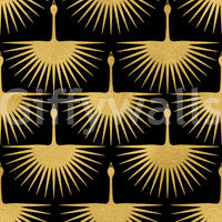 Repeating gold crane pattern with radiating feather rays on black wallpaper, GD10652